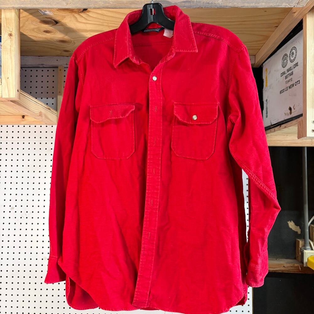 Lands‎ End Vintage 80s Cherry Red Flannel Made in USA Long Sleeve Button Up